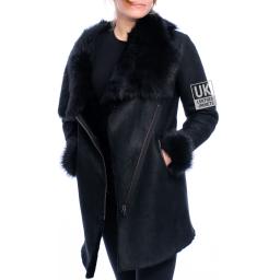 Womens Black Merino Sheepskin Toscana Coat - Asymmetric Zip - 3/4 Length 