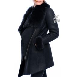 Womens Black Merino Sheepskin Toscana Coat - Asymmetric Zip - Toscana Cuffs