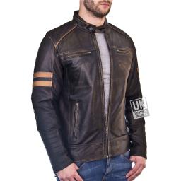 Mens Faded Black Leather Biker Jacket - Distressed Cafe Racer - Zip Pockets