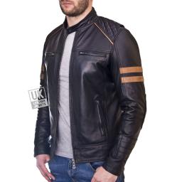 Men's Black Leather Biker Jacket - Cafe Racer  -Tan Armbands - Short Collar