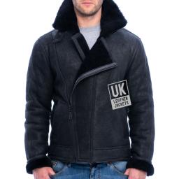 Mens Black Nubuck Sheepskin Flying Jacket - Vail - Double Breasted