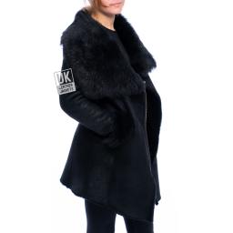 Womens Black Merino Sheepskin Toscana Coat - Asymmetric Zip - Double Breasted