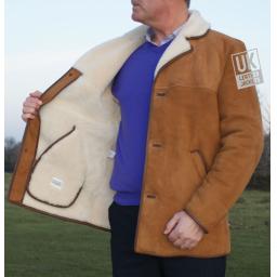 Mens Tan Sheepskin Car Coat - Hip Length Plus Size - Superior Quality - Wool Interior