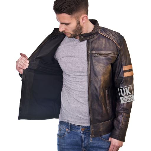 Mens Faded Black Leather Biker Jacket - Distressed Cafe Racer - Linning