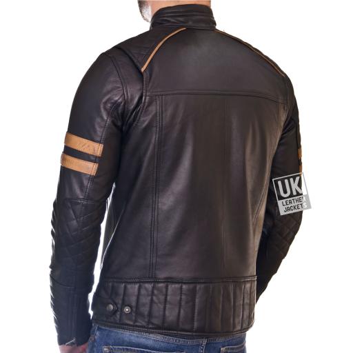 Men's Black Leather Biker Jacket - Cafe Racer  -Tan Armbands - Back