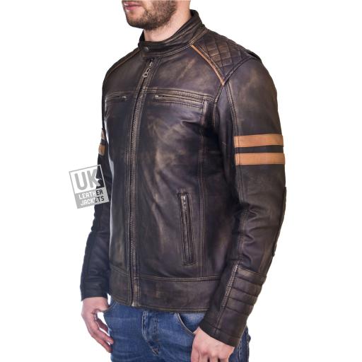 Mens Faded Black Leather Biker Jacket - Distressed Cafe Racer