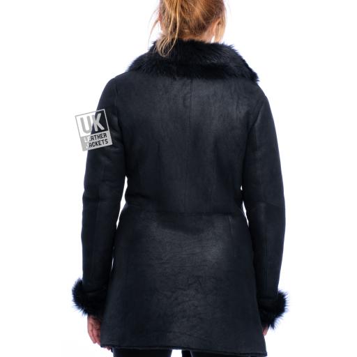 Womens Black Merino Sheepskin Toscana Coat - Asymmetric Zip - back view