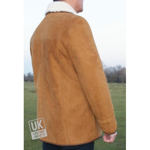 Mens Tan Sheepskin Car Coat - Hip Length Plus Size - Superior Quality - Back