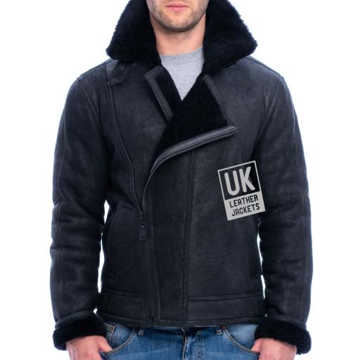 Mens Black Nubuck Sheepskin Flying Jacket - Vail - Double Breasted