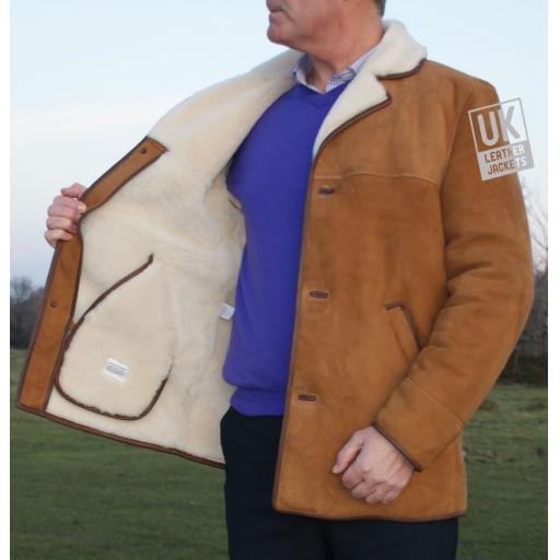Mens Tan Sheepskin Car Coat - Hip Length Plus Size - Superior Quality - Wool Interior