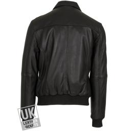 Mens Black Leather Bomber Jacket - Classic Comfort Fit - Back