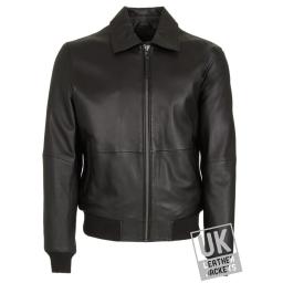 Mens Black Leather Bomber Jacket - Classic Comfort Fit - Front