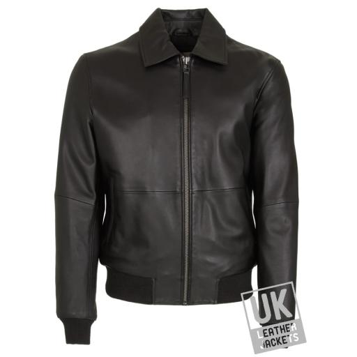 Mens Black Leather Bomber Jacket - Classic Comfort Fit - Front