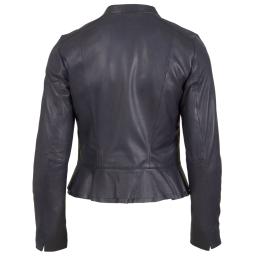 Womens Navy Blue Leather Leather Jacket - Paris - Peplum & Shorten Sleeve