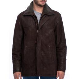 Mens Matt Brown Nubuck Leather Coat - Elswick - Detach Fleece Collar - Zip Fastener
