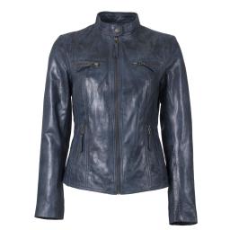 Womens Vintage Blue Leather Jacket - Leone - Short Collar and Fitted Size