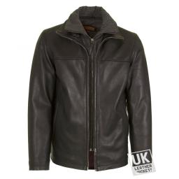 Mens Black Leather Jacket - Ibex- Plain with Fold Down Collar
