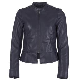 Womens Navy Blue Leather Leather Jacket - Paris - Collarless & Turn Back Cuff to Shorten