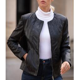 Womens Collarless Black Leather Jacket - Soft Leather