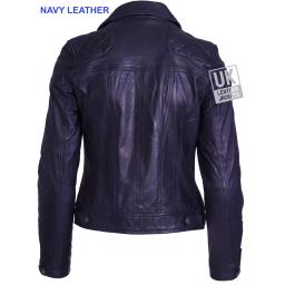 Womens Asymmetric NAVY Leather Jacket - Destiny - Quilted Diamond Stitch