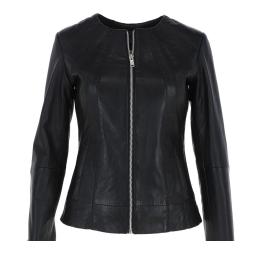 Womens Collarless Black Leather Jacket - Centre Zip at Front