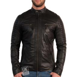 Mens Jet Black Leather Biker Jacket - Cruz - Collarless
