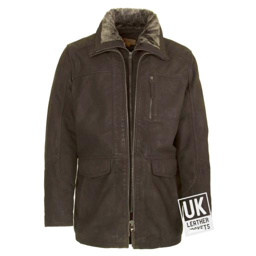 Mens Brown Nubuck Leather Jacket - Norton - Detach Fleece Collar 