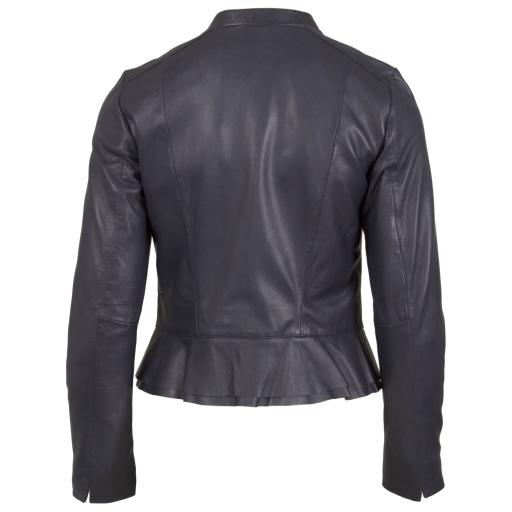 Womens Navy Blue Leather Leather Jacket - Paris - Peplum & Shorten Sleeve