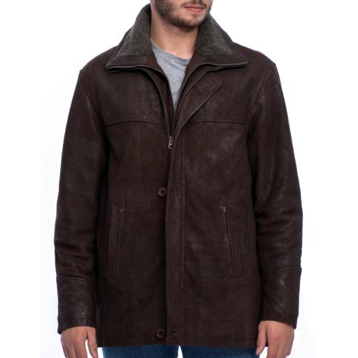 Mens Matt Brown Nubuck Leather Coat - Elswick - Detach Fleece Collar - Zip Fastener