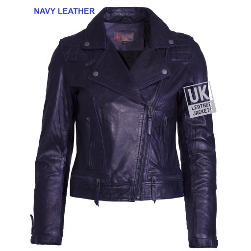 Womens Asymmetric NAVY Leather Jacket - Destiny - Side Cross Zip with Lapels