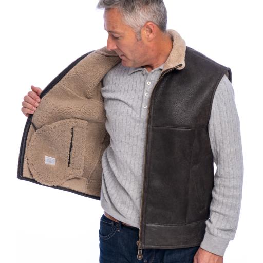 Mens Shearling Sheepskin Gilet - Vancouver - Matt Brown - Wool Lined