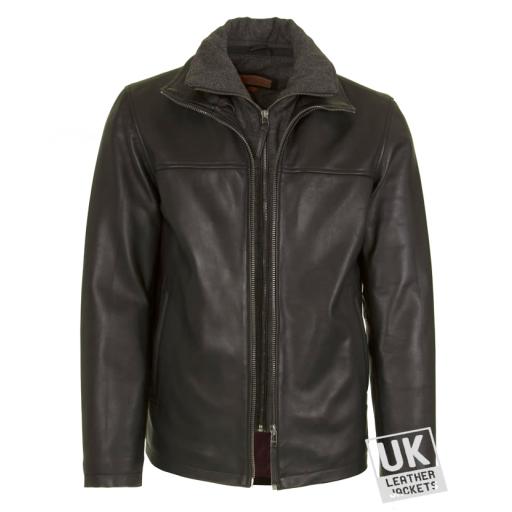 Mens Black Leather Jacket - Ibex- Plain with Fold Down Collar