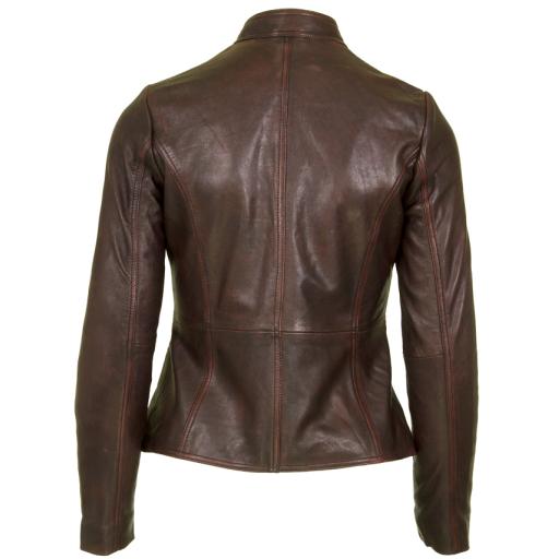Women's Burgundy Leather Jacket - Leone - Plus Size - Short Stand-up Collar