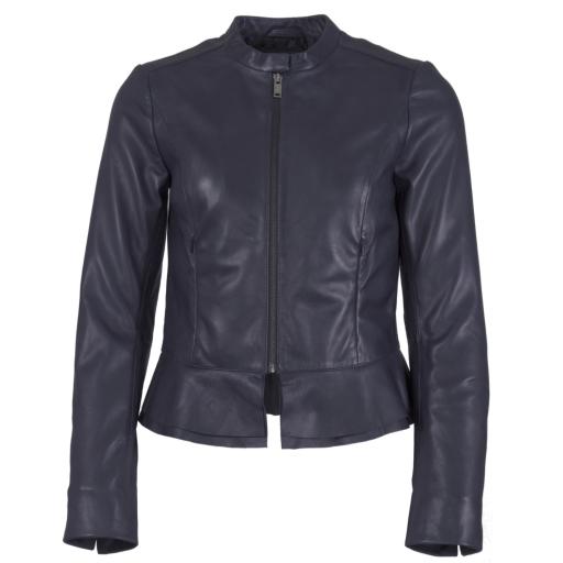 Womens Navy Blue Leather Leather Jacket - Paris - Collarless & Turn Back Cuff to Shorten