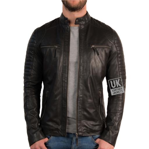 Mens Jet Black Leather Biker Jacket - Cruz - Short Collar