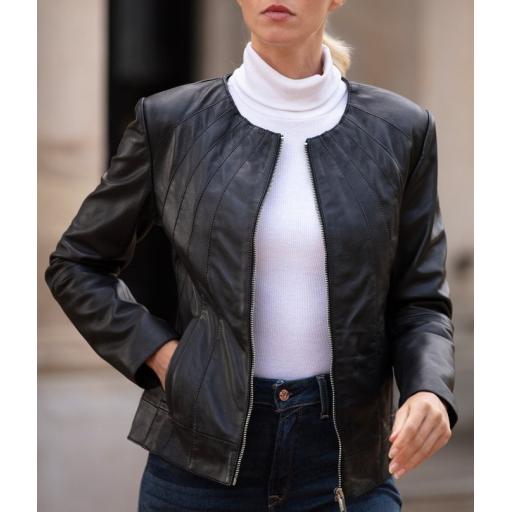 Womens Collarless Black Leather Jacket - Soft Leather