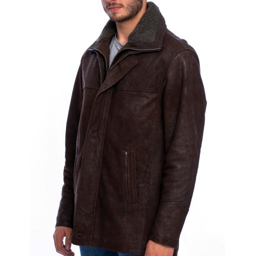 Mens Matt Brown Nubuck Leather Coat - Elswick --3/4  Hip Length