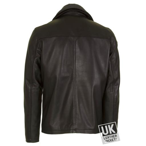Mens Black Leather Jacket - Detach Inner Collar -Ibex - Classic Plain Style