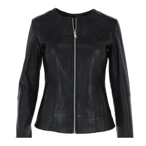 Womens Collarless Black Leather Jacket - Centre Zip at Front