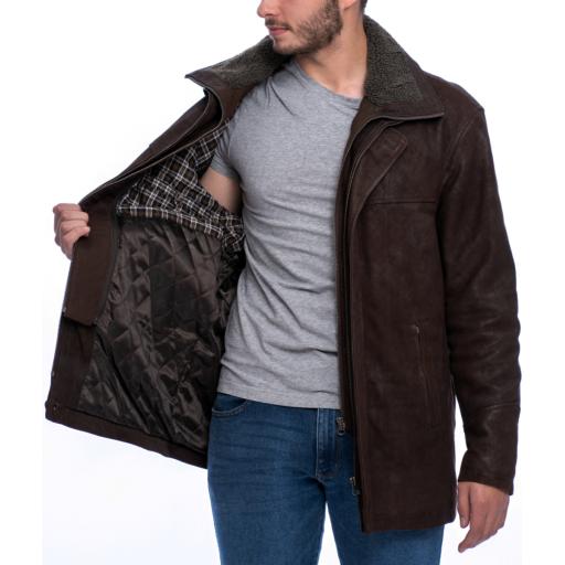 Mens Matt Brown Nubuck Leather Coat - Elswick - Removable Fleev Collar & Quilted Lining