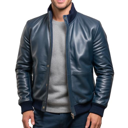 Mens Blue Leather Bomber Jacket - Pacific