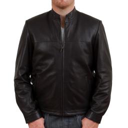Men's Black Leather Jacket - McQueen - Collarless Neck