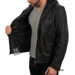 Mens Black Leather Hoodie - Argento - Black Lining and 2 Inside Pockets