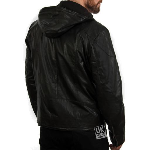 Mens Black Leather Hoodie - Argento - Black
