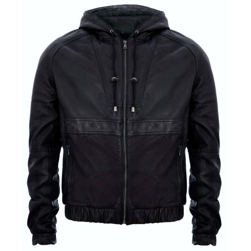 Mens Black Hooded Leather  Bomber Jacket - Hoodie