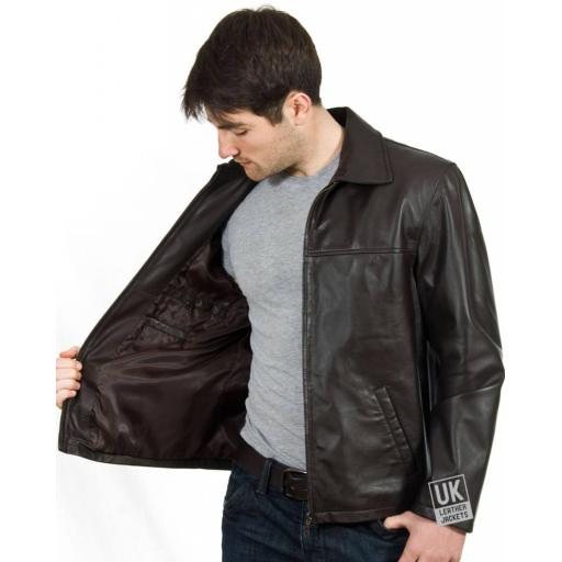 Men's Brown Leather Jacket - Classic Harrington - Lining