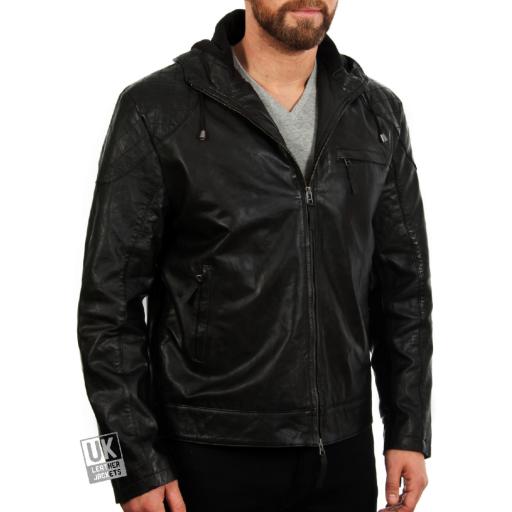 Mens Black Leather Hoodie - Argento - Front