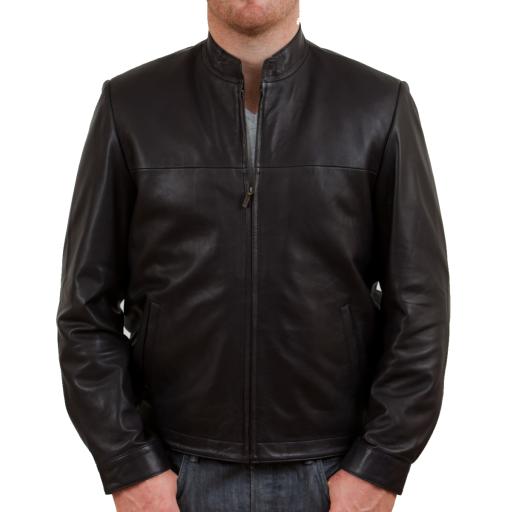 Men's Black Leather Jacket - McQueen - Collarless Neck