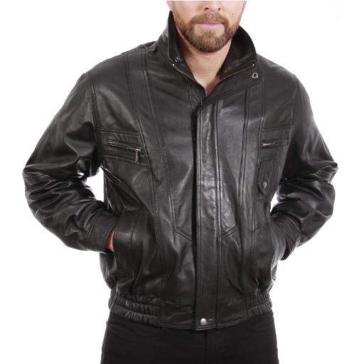Men's Black Leather Jacket - DeNiro - Front