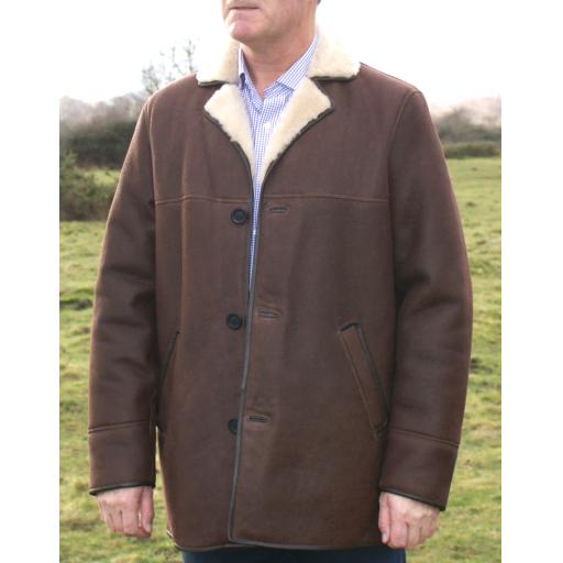 Mens Brown Sheepskin Car Coat - Foxhill - Superior Quality - Cream Wool- Lapel Collar